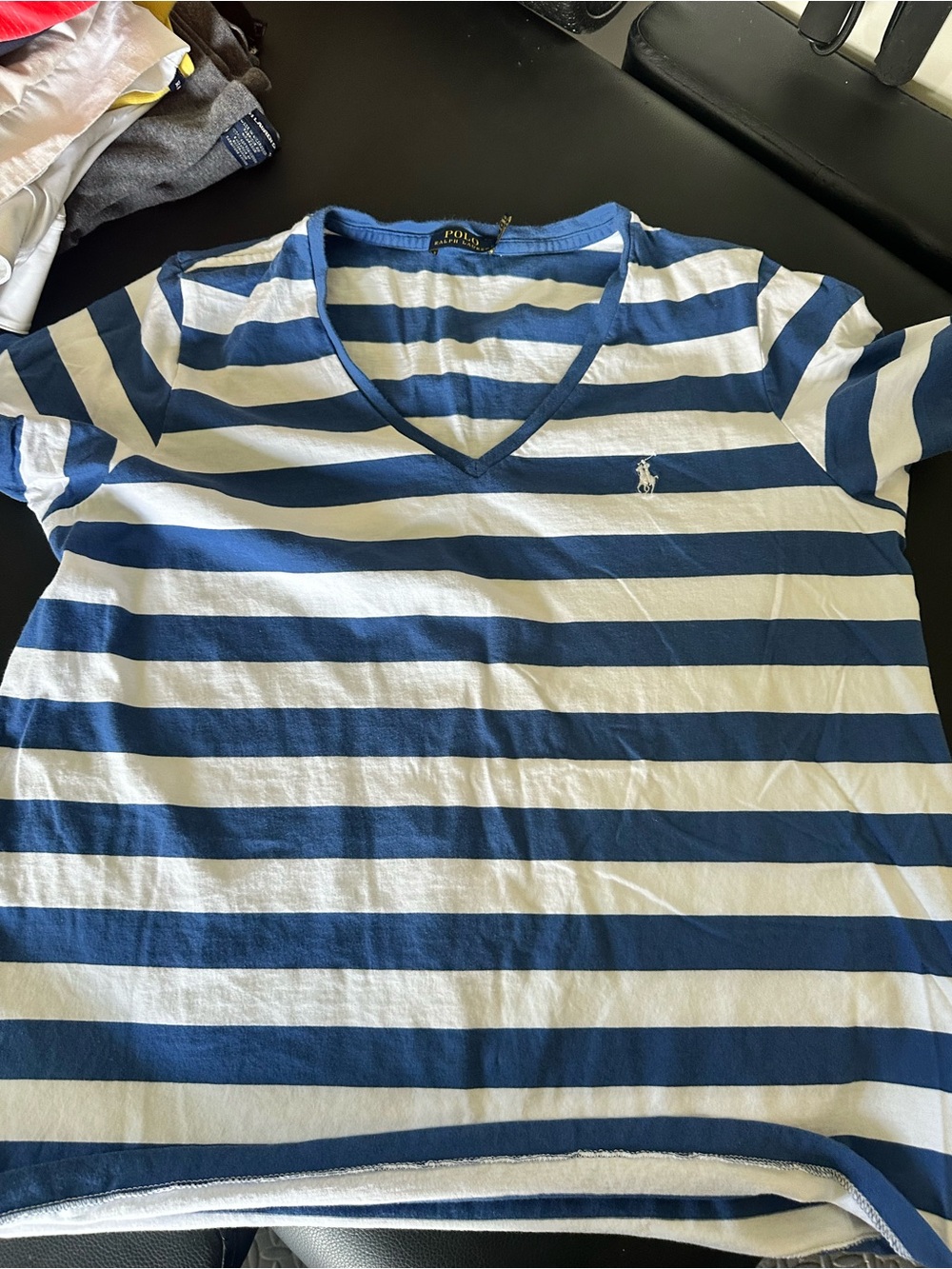 Polo by Ralph Lauren Blue & White Striped V-Neck Tee
